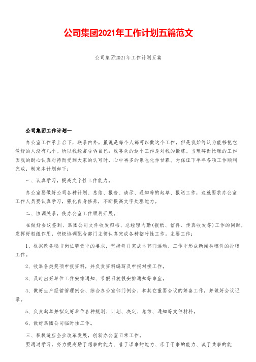 公司集团2021年工作计划五篇范文