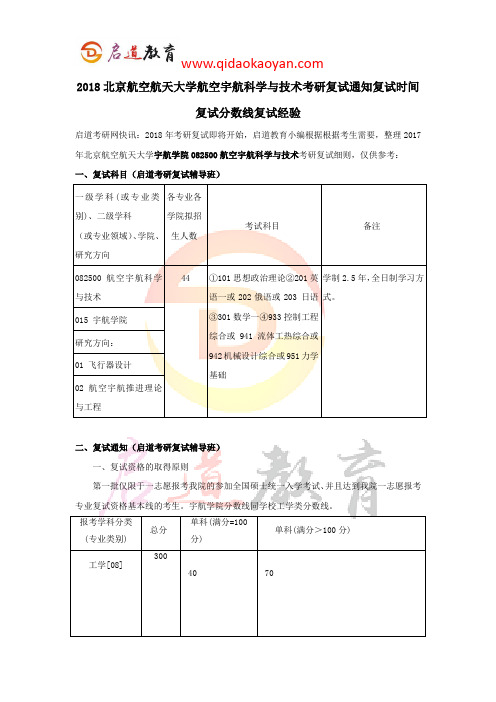 2018北京航空航天大学航空宇航科学与技术考研复试通知复试时间复试分数线复试经验