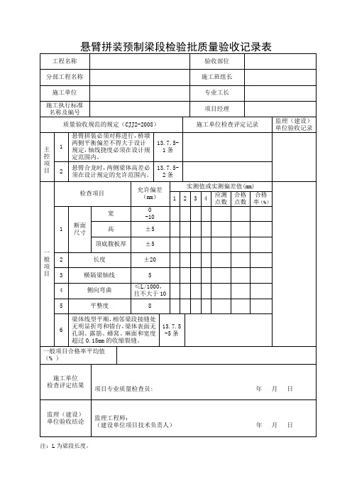 悬臂拼装预制梁段检验批质量验收记录表