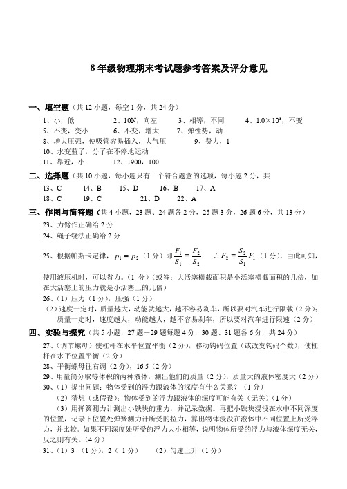 8年级物理期末考试题参考答案及评分意见.doc