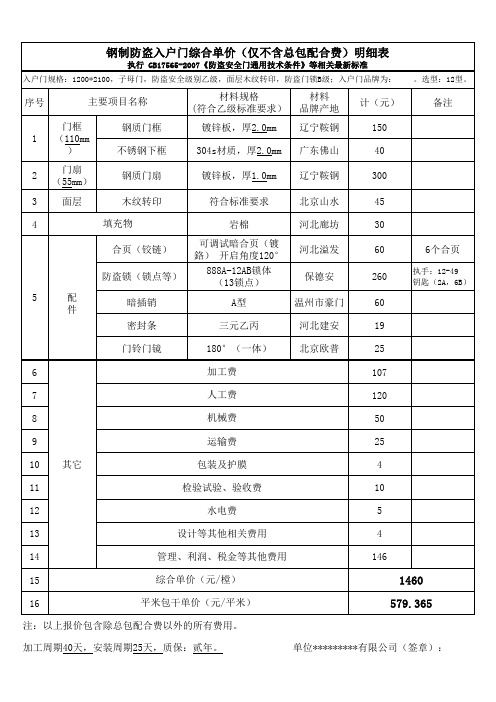 房地产防盗门分项报价明细汇总表