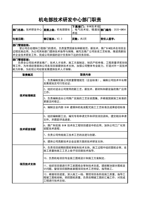 技术研发中心部门职责与岗位说明