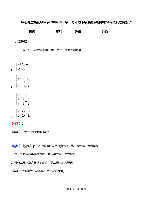 中心经营所初级中学2018-2019学年七年级下学期数学期中考试模拟试卷含解析