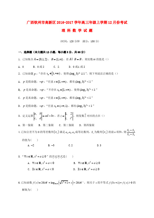 精选广西钦州市高新区2017届高三数学12月月考试题理