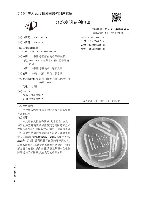 一种聚乙烯塑料高效降解菌及其分离筛选方法和应用[发明专利]