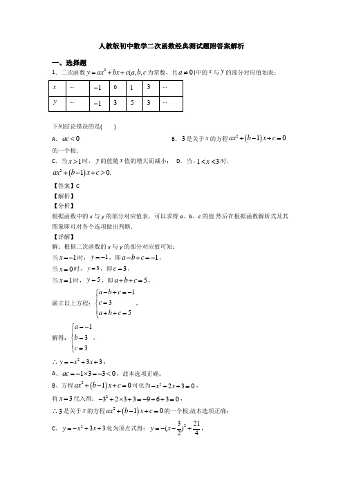 人教版初中数学二次函数经典测试题附答案解析