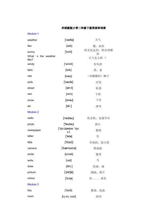 外研新版小学二年级下册英语单词表 含音标 打印版 