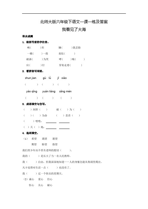 【精品】六年级下语文一课一练及答案5.4-我看见了大海-北师大版