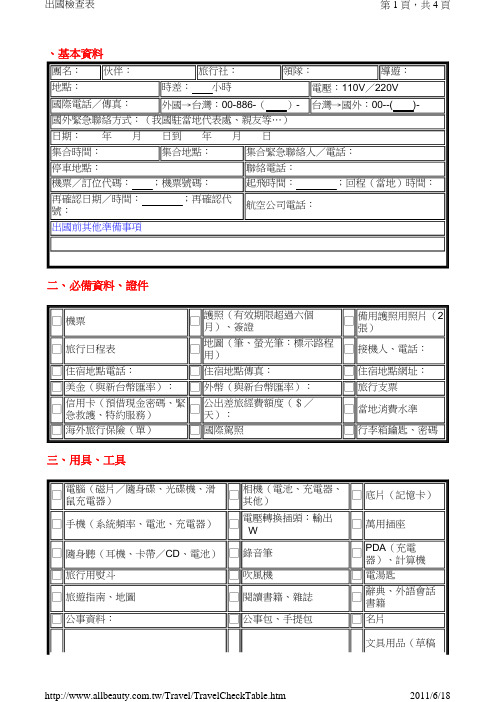 出国旅游携带物品检查表