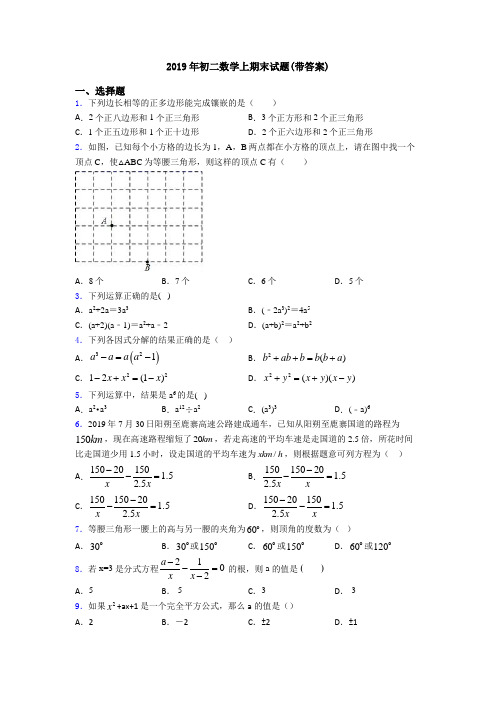 2019年初二数学上期末试题(带答案)