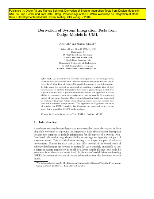 Derivation of System Integration Tests from Design Models in UML