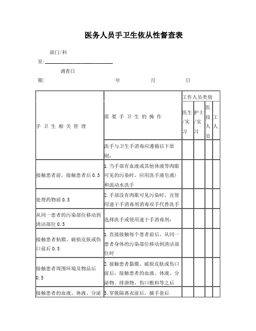 医院工作人员手卫生依从性督查表