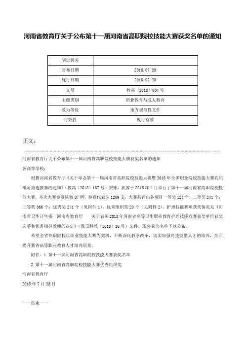 河南省教育厅关于公布第十一届河南省高职院校技能大赛获奖名单的通知-教高〔2018〕604号