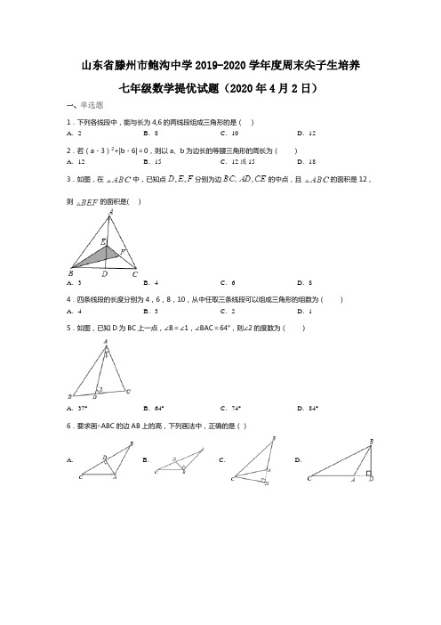 山东省滕州市鲍沟中学2019-2020学年周末尖子生培养北师大版七年级下数学提优试题(2020年4月