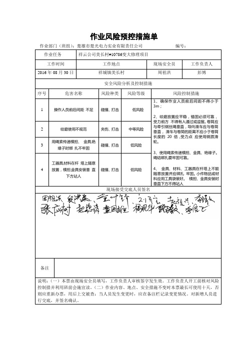 作业风险预控措施单