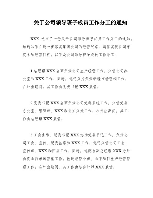 关于公司领导班子成员工作分工的通知