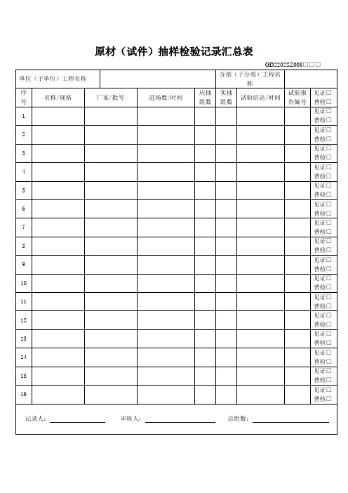 原材(试件)抽样检验记录汇总表