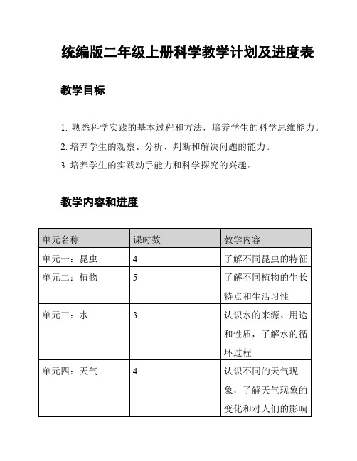 统编版二年级上册科学教学计划及进度表