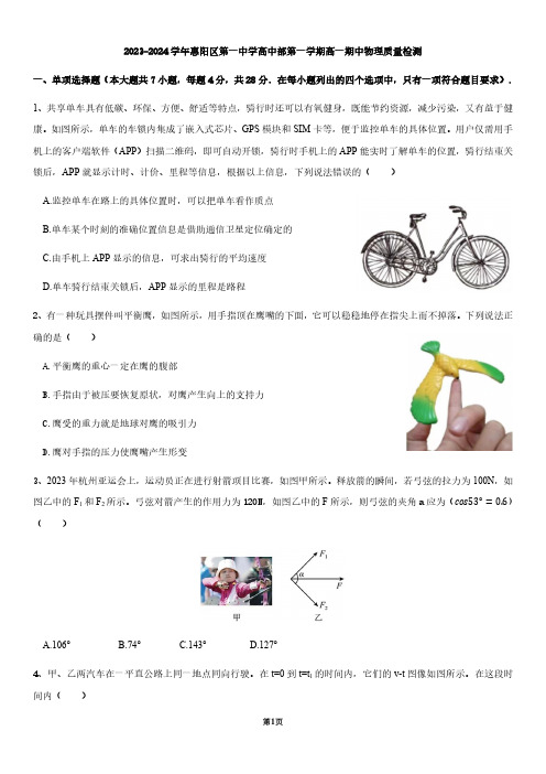 2023-2024学年惠阳区第一中学高中部第一学期高一期中质量检测物理试卷