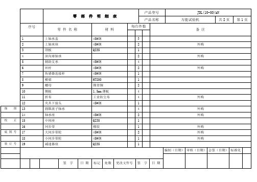 零部件明细表模板