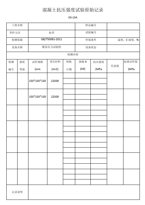 混凝土抗压强度试验原始记录