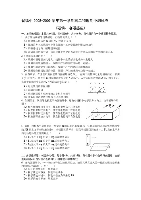 江苏省镇江中学2008-2009学年第一学期高二物理期中测试卷(磁场、电磁感应