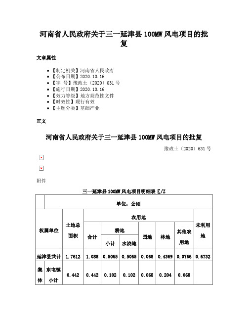 河南省人民政府关于三一延津县100MW风电项目的批复