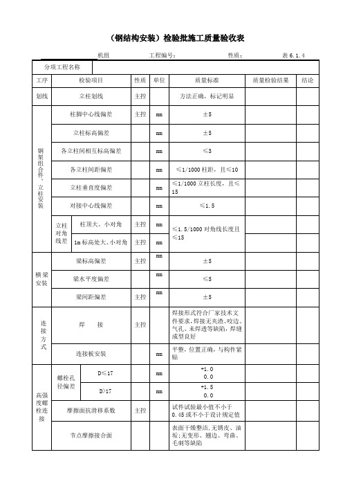 DLT5210.2-2018表6.1.4 钢结构安装检验批施工质量验收表