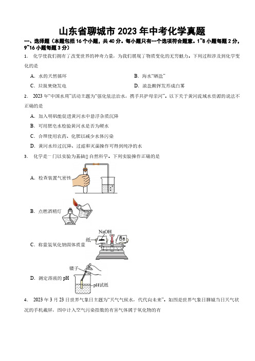 山东省聊城市2023年中考化学真题(附参考答案)