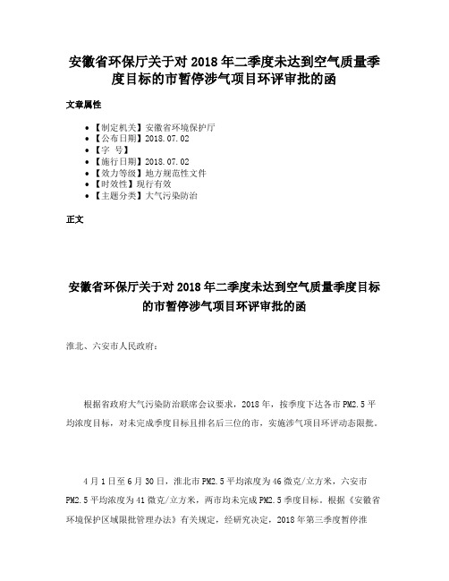 安徽省环保厅关于对2018年二季度未达到空气质量季度目标的市暂停涉气项目环评审批的函