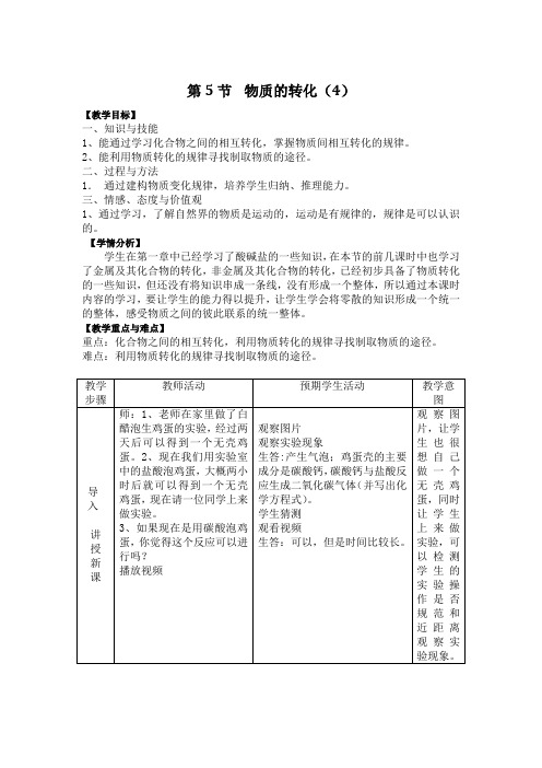 浙教版科学九年级上册第5节物质的转化(4)教案