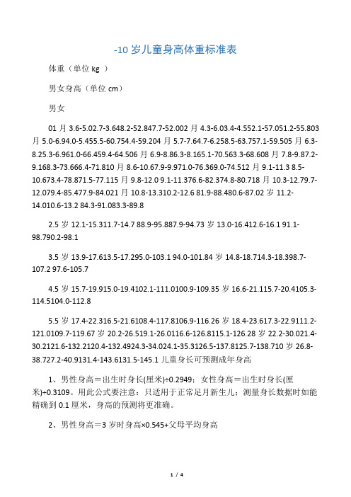 1-10岁儿童身高体重标准(对照表)(