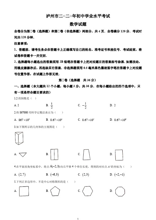 2020年四川省泸州市中考数学试卷