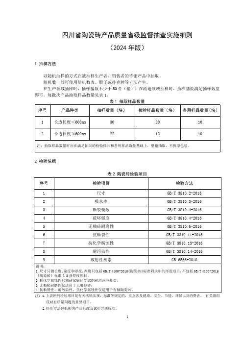 陶瓷砖产品质量省级监督抽查实施细则