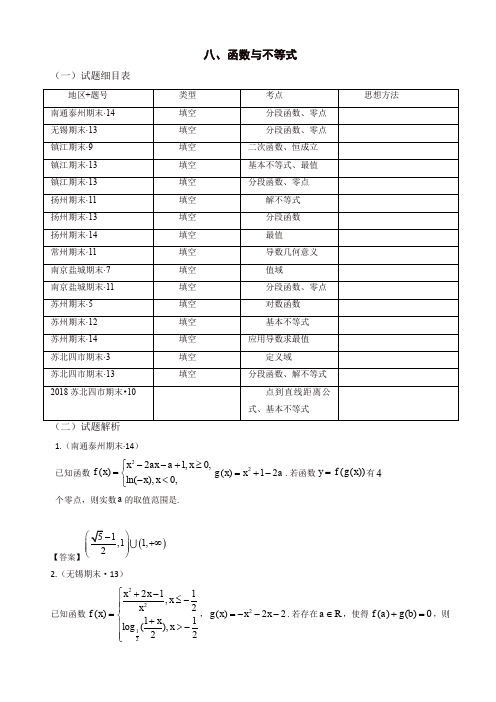 江苏省高三上册期末数学试题分类：函数与不等式、导数综合