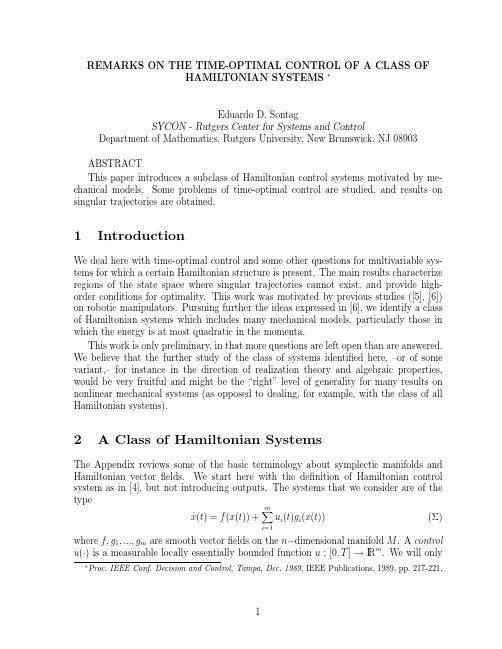 Remarks on the time-optimal control of a class of Hamiltonian systems