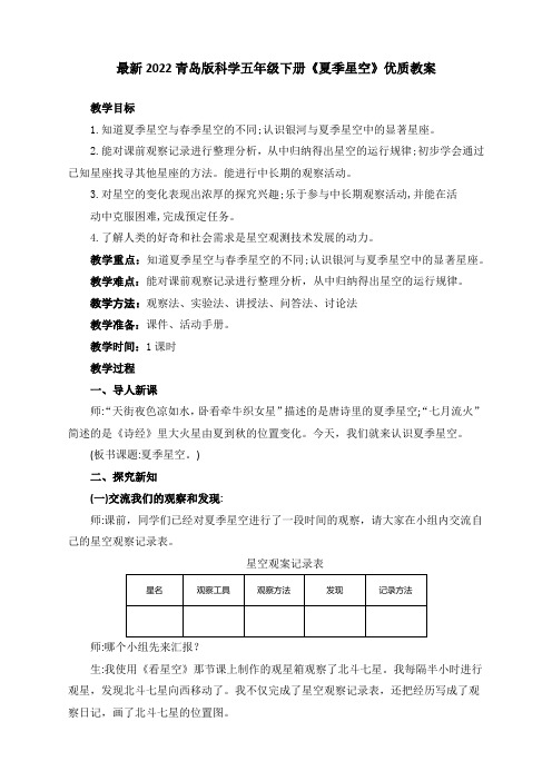 最新2022青岛版科学五年级下册《夏季星空》优质教案