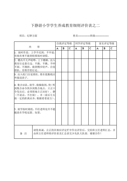 下静游小学学生养成教育细则评价表之二