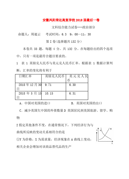 安徽凤阳荣达高复学校高三文综最后一卷(政治部分)