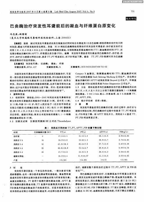 巴曲酶治疗突发性耳聋前后的凝血与纤维蛋白原变化