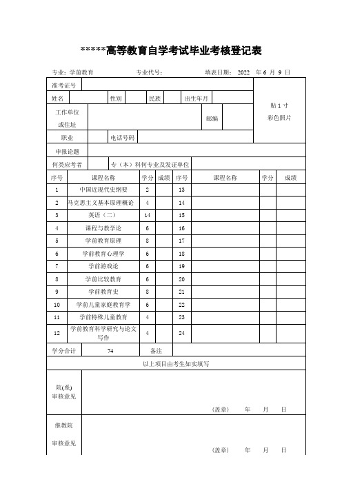 高等教育自学考试毕业考核登记表(双面打印,一式两份,内容手写)