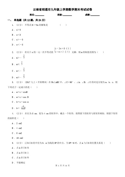 云南省昭通市九年级上学期数学期末考试试卷