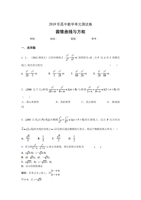 精编2020高考数学《圆锥曲线方程》专题训练完整考试题(含标准答案)