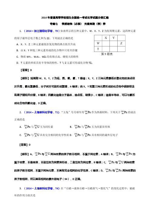 2014年高考真题化学解析分类汇编—专题07 物质结构(必修) 元素周期(表)律