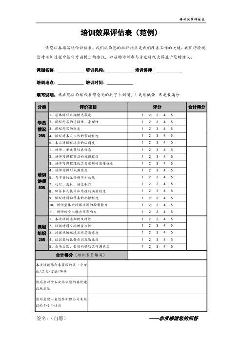 培训效果评估表