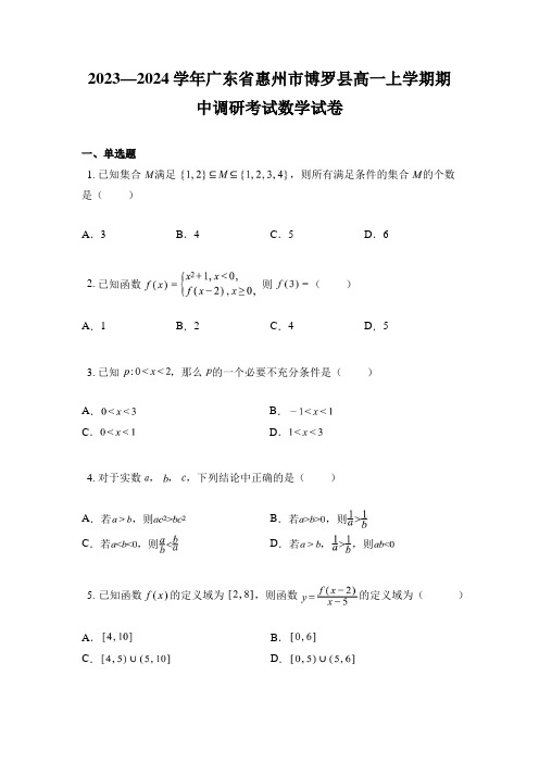 2023—2024学年广东省惠州市博罗县高一上学期期中调研考试数学试卷