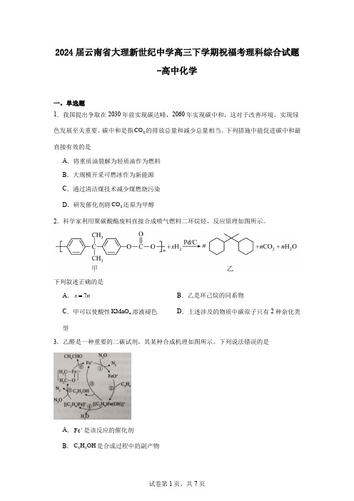 2024届云南省大理新世纪中学高三下学期祝福考理科综合试题-高中化学