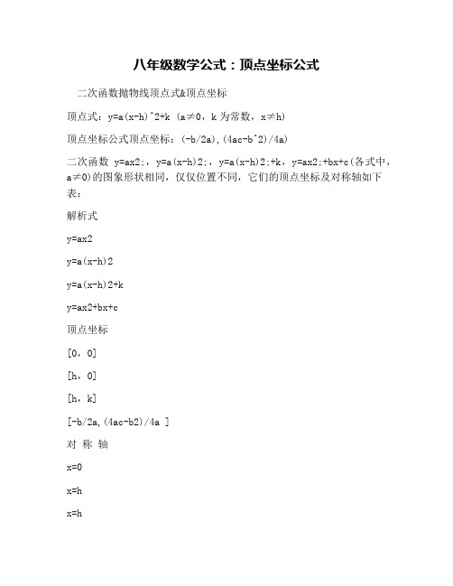 八年级数学公式：顶点坐标公式