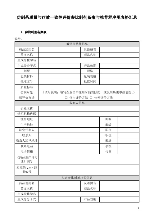 仿制药质量与疗效一致性评价参比制剂备案与推荐程序用表格汇总