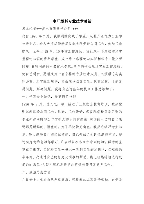 优秀工作总结范文：电厂燃料专业技术总结